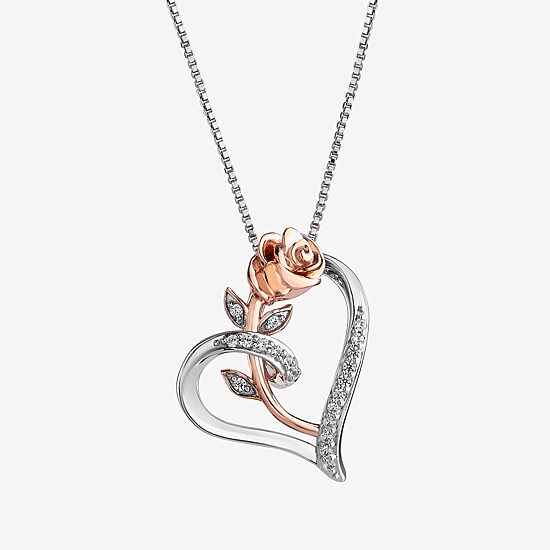 Enchanted Disney Fine Jewelry Womens 1/10 CT. T.W. Natural White Diamond 14K Rose Gold Over Silver Flower Heart 18 Inch Pendant Necklace