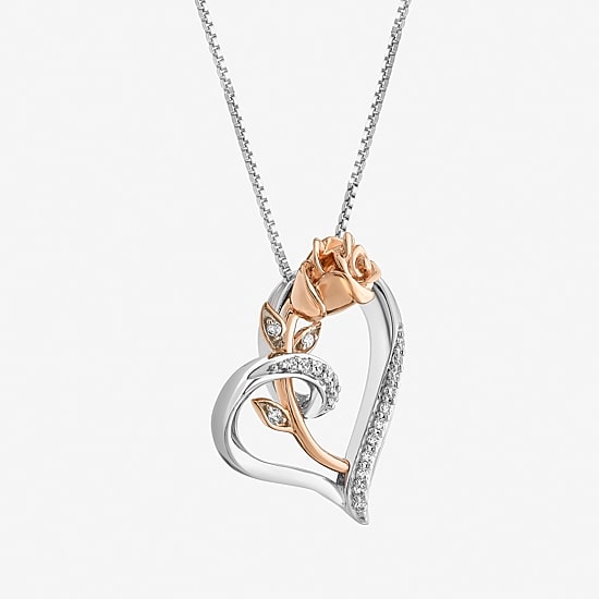 Enchanted Disney Fine Jewelry Womens 1/10 CT. T.W. Natural White Diamond 14K Rose Gold Over Silver Flower Heart 18 Inch Pendant Necklace