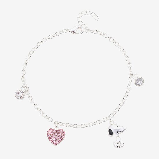 Womens Crystal Pure Silver Over Brass Heart Peanuts Snoopy Charm Bracelet