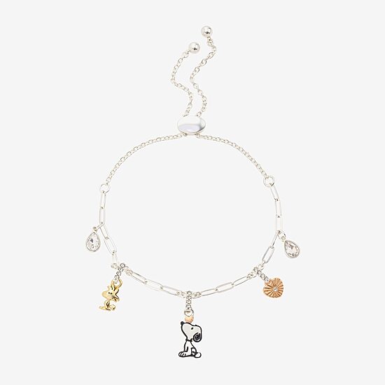 Womens Crystal 10K Gold Over Brass 10K Rose Gold Over Silver Heart Peanuts Snoopy Charm Bracelet