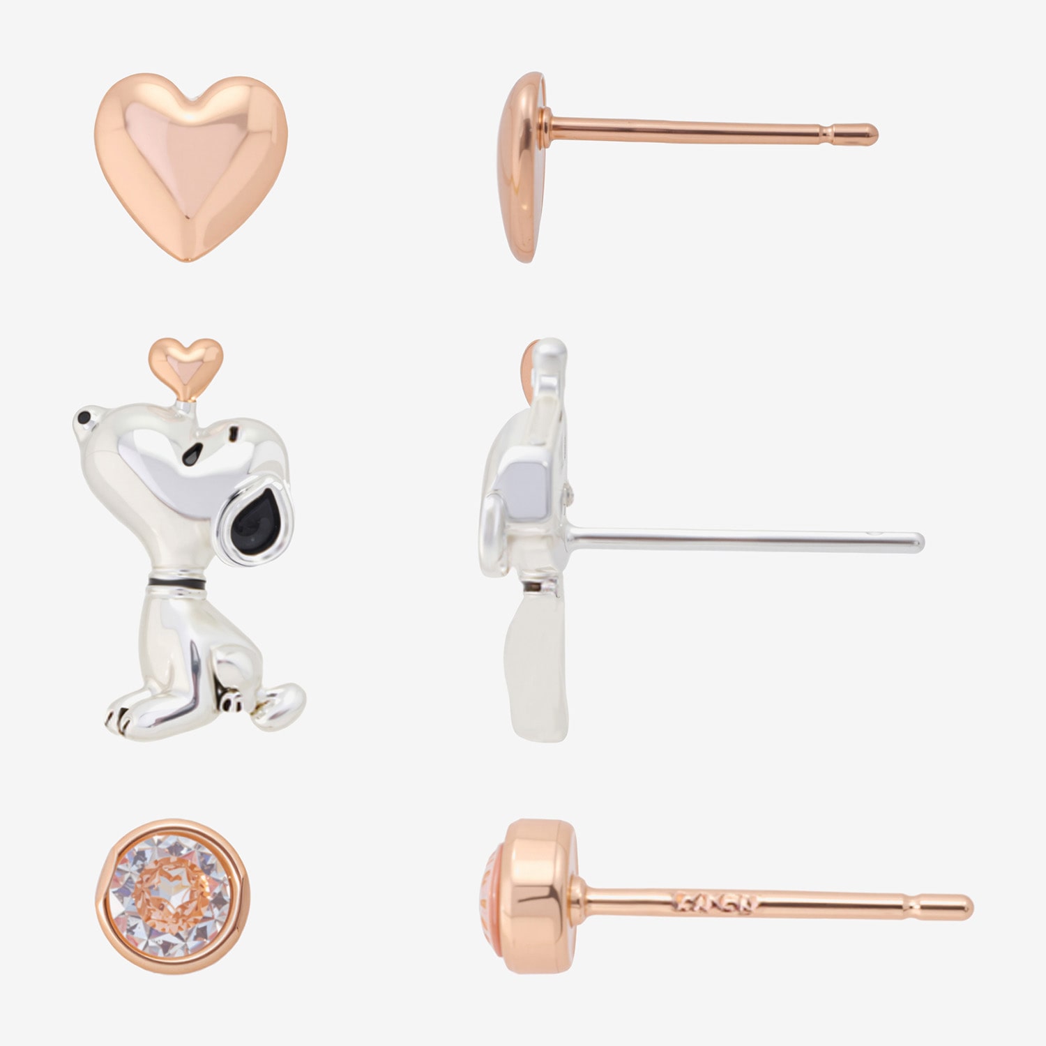 Womens Cubic Zirconia 10K Rose Gold Heart Round Peanuts Snoopy 3 Pair Earring Set