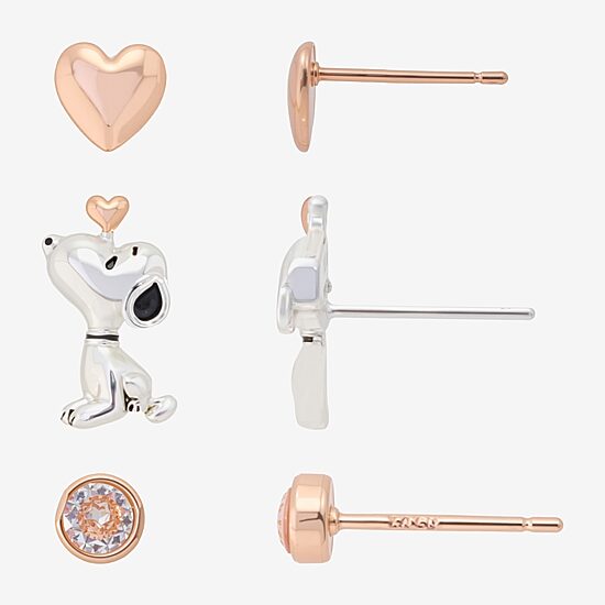 Womens Cubic Zirconia 10K Rose Gold Heart Round Peanuts Snoopy 3 Pair Earring Set