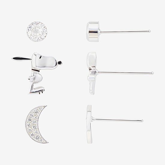 Womens Cubic Zirconia Moon Round Peanuts Snoopy 3 Pair Earring Set