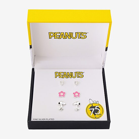 Womens Crystal Flower Heart Peanuts Snoopy 3 Pair Earring Set