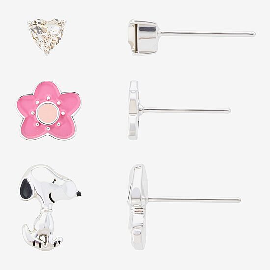 Womens Crystal Flower Heart Peanuts Snoopy 3 Pair Earring Set