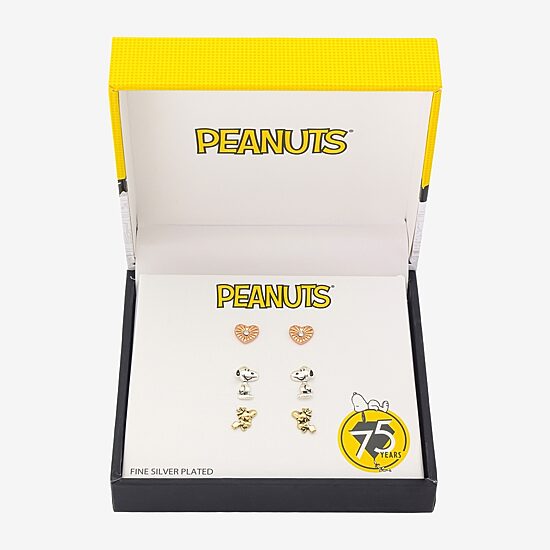 Womens Crystal 10K Gold Over Brass 10K Rose Gold Over Silver Heart Peanuts Snoopy 3 Pair Earring Set