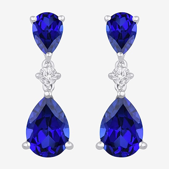 Womens Lab Created Blue Sapphire Sterling Silver Pear Drop Earrings
