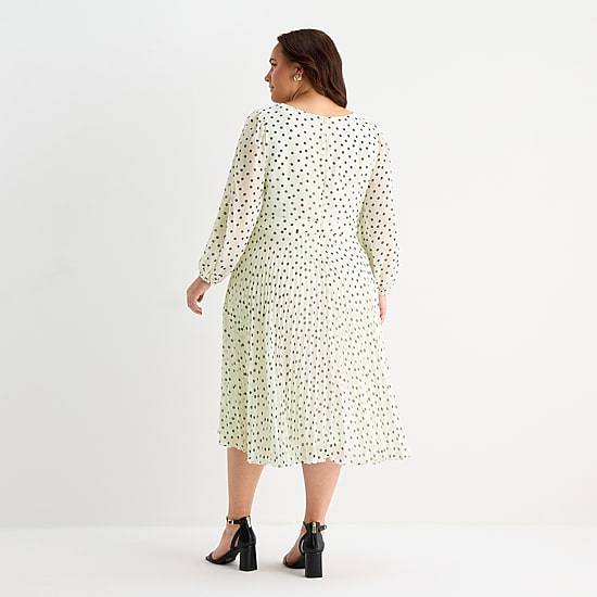 Danny & Nicole Womens Plus Midi Asymmetrical Neck Long Sleeve Balloon Polka Dot Fit + Flare Dress