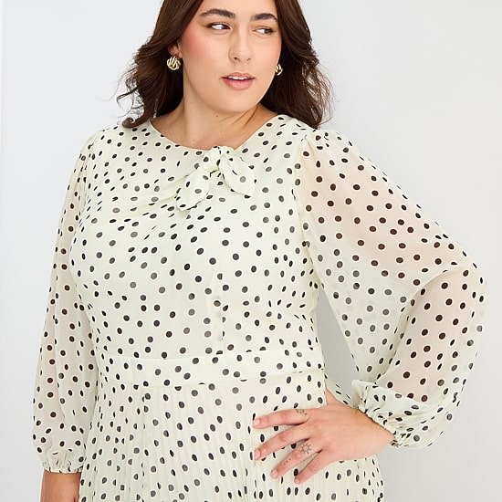 Danny & Nicole Womens Plus Midi Asymmetrical Neck Long Sleeve Balloon Polka Dot Fit + Flare Dress