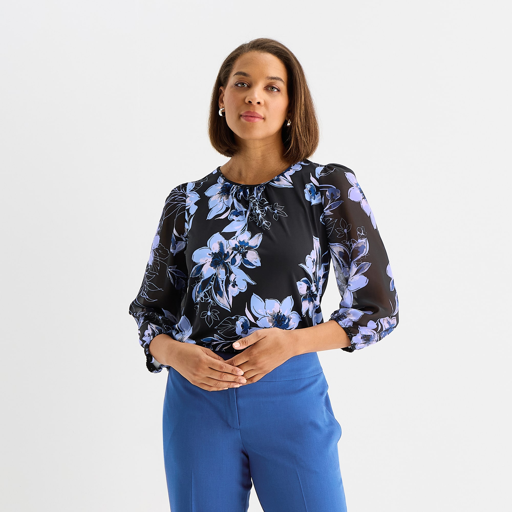 Black Label by Evan-Picone Womens Crew Neck 3/4 Sleeve Blouse