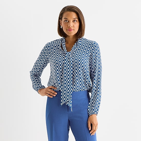 Black Label by Evan-Picone Womens Split Tie Neck Long Sleeve Blouse