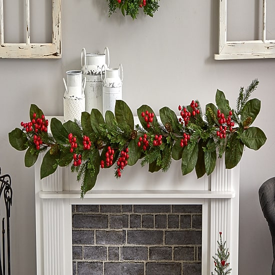 Nearly Natural 5ft. Magnolia Berry Pine Christmas Indoor Garland