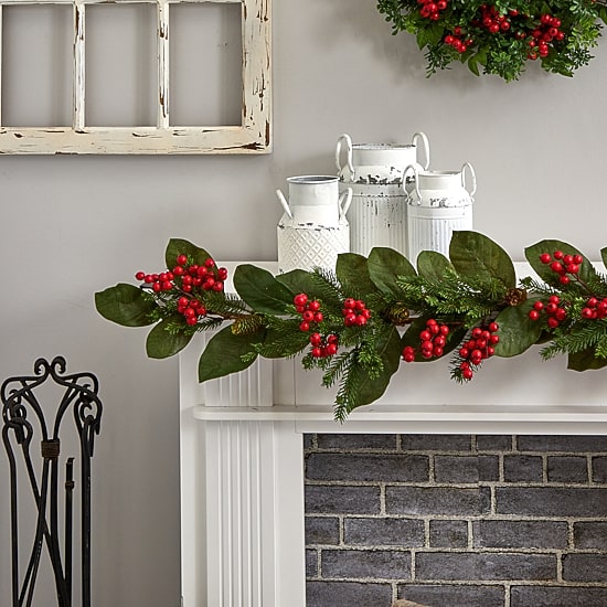Nearly Natural 5ft. Magnolia Berry Pine Christmas Indoor Garland