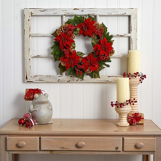 Nearly Natural 24in. Poinsettia; Berry And Golden Pinecone Wreath