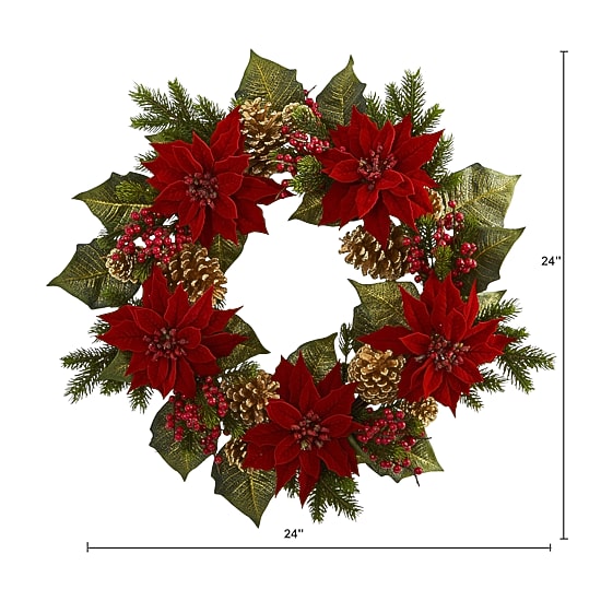Nearly Natural 24in. Poinsettia; Berry And Golden Pinecone Wreath