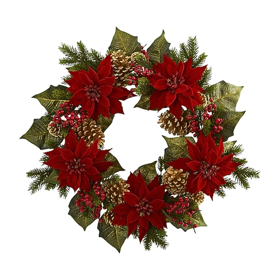 Nearly Natural 24in. Poinsettia; Berry And Golden Pinecone Wreath