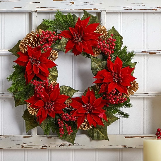 Nearly Natural 24in. Poinsettia; Berry And Golden Pinecone Wreath