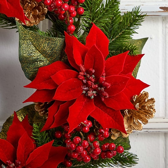 Nearly Natural 24in. Poinsettia; Berry And Golden Pinecone Wreath