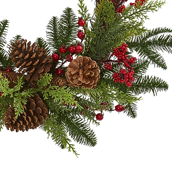 Nearly Natural 22in. Mixed Pine And Cedar With Berries And Pinecones Wreath
