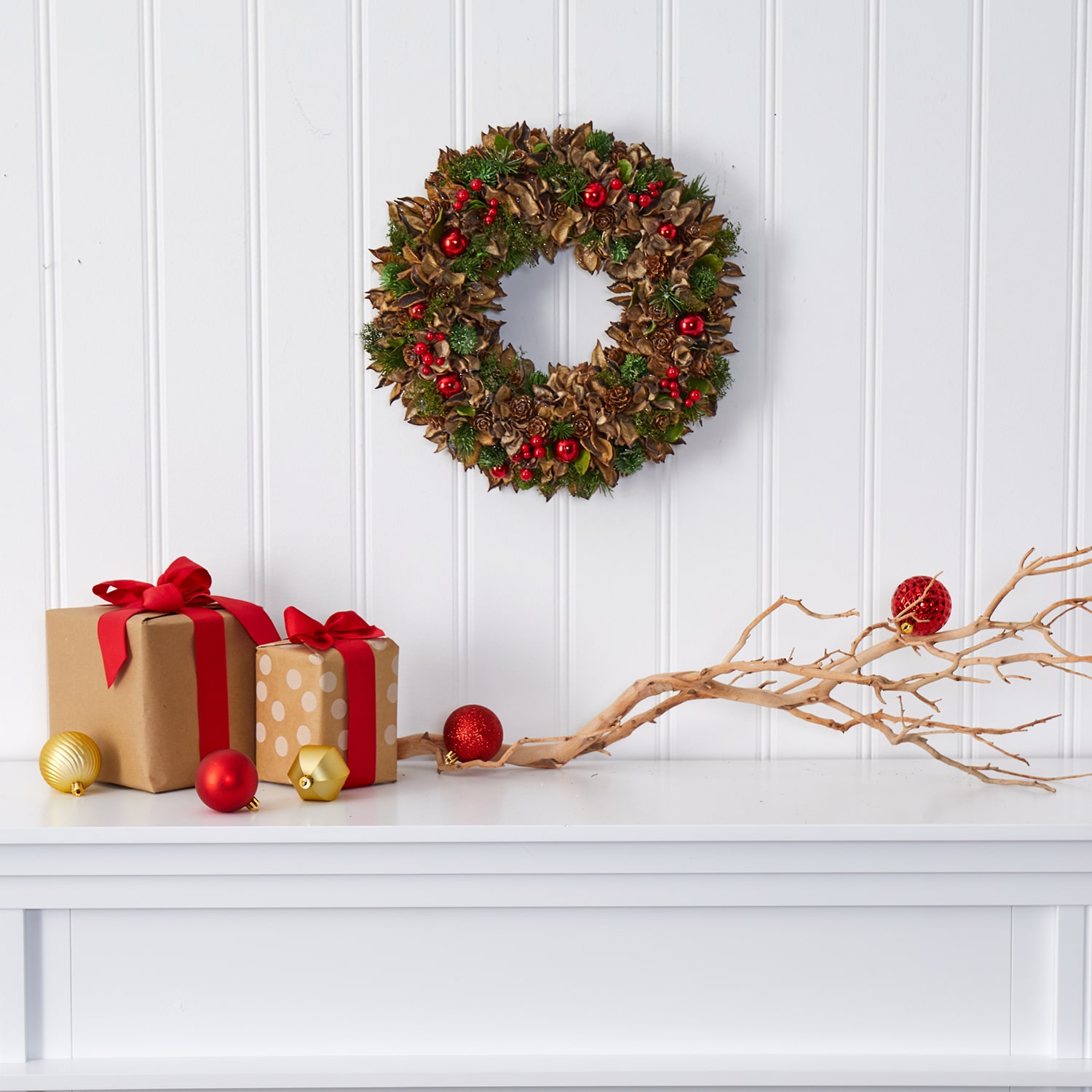 Nearly Natural 15in. Holiday With Pine Cones And Ornaments Wreath