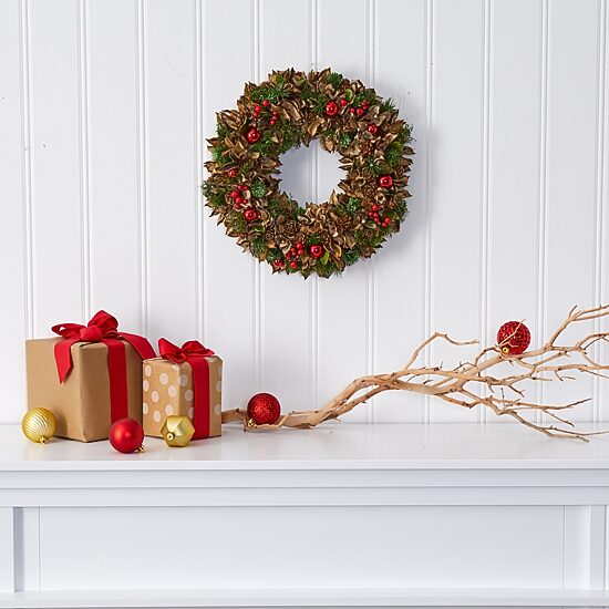 Nearly Natural 15in. Holiday With Pine Cones And Ornaments Wreath