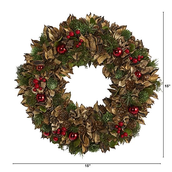 Nearly Natural 15in. Holiday With Pine Cones And Ornaments Wreath
