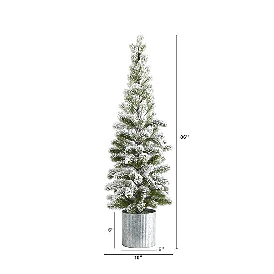 Nearly Natural 3 Foot Flocked Pine In Tin Planter Christmas Tree