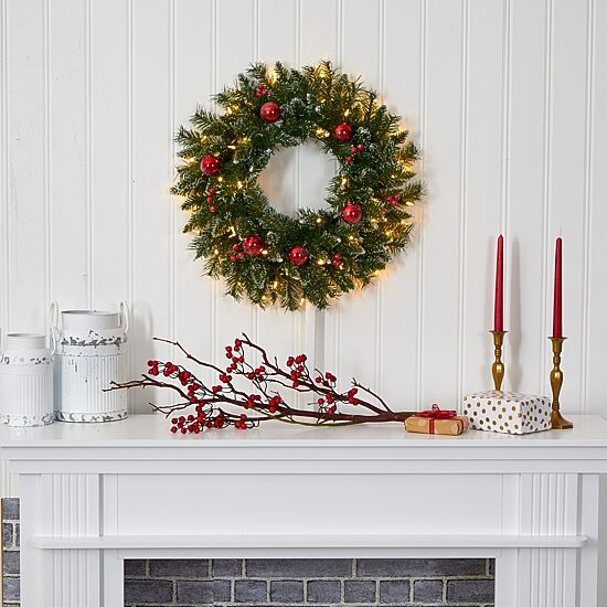 Nearly Natural 24in. Ornaments And Berries With Lights Pre-Lit Wreath