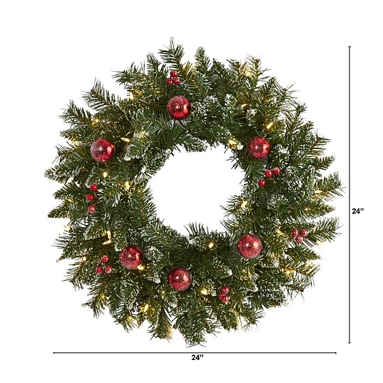 Nearly Natural 24in. Ornaments And Berries With Lights Pre-Lit Wreath