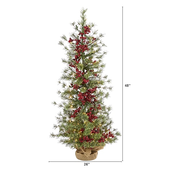 Nearly Natural 4 Foot Pine In Burlap Wrapped Base With Berry And 100 Warm White Lights Pre-Lit Christmas Tree