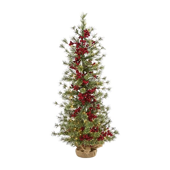 Nearly Natural 4 Foot Pine In Burlap Wrapped Base With Berry And 100 Warm White Lights Pre-Lit Christmas Tree