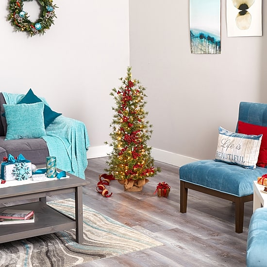 Nearly Natural 4 Foot Pine In Burlap Wrapped Base With Berry And 100 Warm White Lights Pre-Lit Christmas Tree