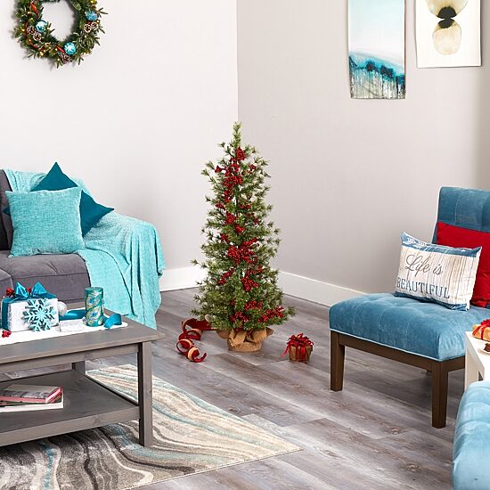 Nearly Natural 4 Foot Pine In Burlap Wrapped Base With Berry And 100 Warm White Lights Pre-Lit Christmas Tree