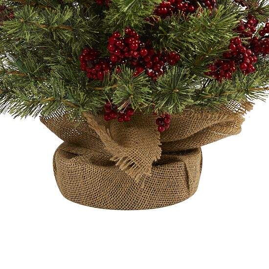 Nearly Natural 4 Foot Pine In Burlap Wrapped Base With Berry And 100 Warm White Lights Pre-Lit Christmas Tree