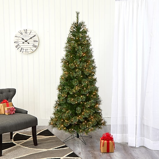 Nearly Natural 6 1/2 Foot Cashmere Slim Pine With 660 Bendable Branches And 350 Warm White Lights Pre-Lit Christmas Tree