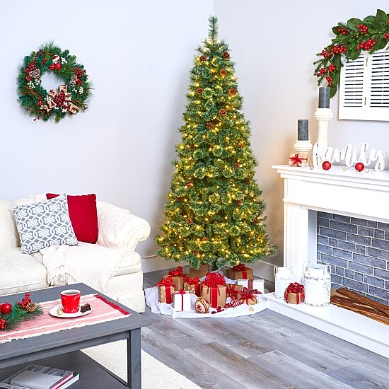 Nearly Natural 7 Foot Pine With Pine Cones And 400 Clear Led Lights Pre-Lit Christmas Tree