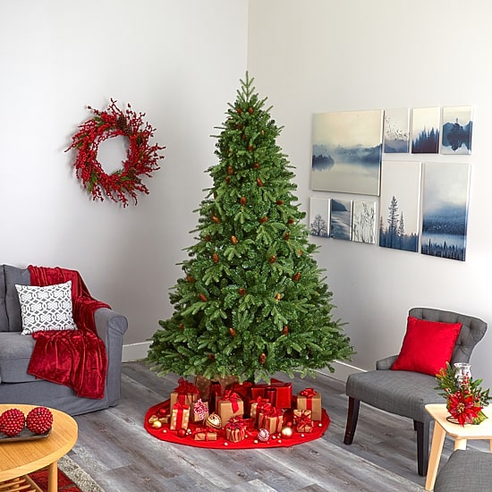 Nearly Natural 8 Foot Natural Look Spruce With Pine Cones And 550 Clear Led Lights Pre-Lit Christmas Tree