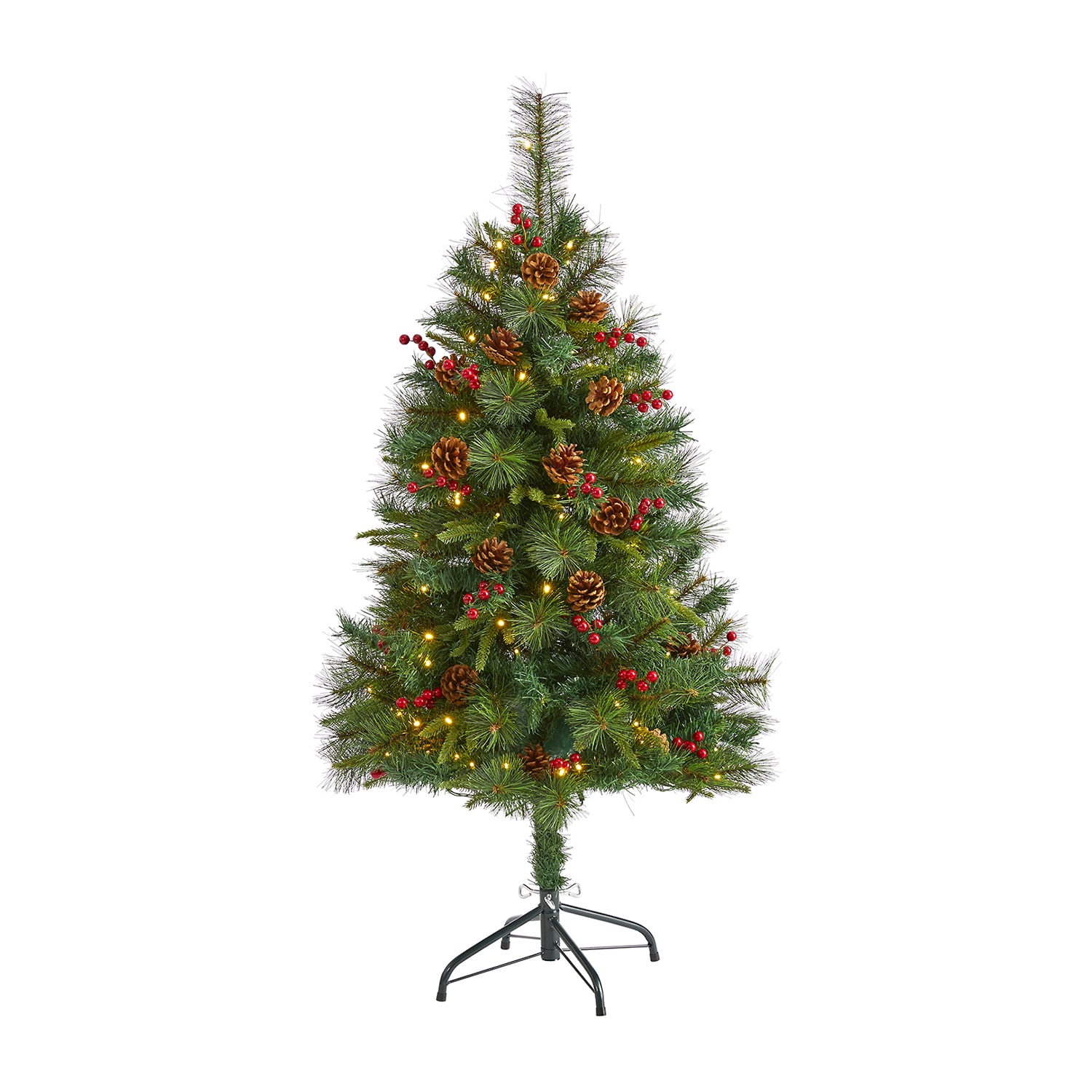 Nearly Natural 4 Foot Mixed Pine With Pine Cones And Berries And 100 Clear Led Lights Pre-Lit Christmas Tree