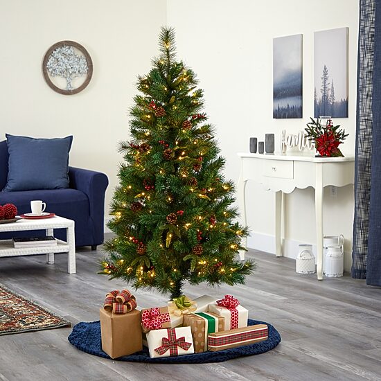 Nearly Natural 5 Foot Pine With Pine Cones And Berries And 150 Clear Led Lights Pre-Lit Christmas Tree