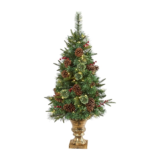 Nearly Natural Pinecone And Berries Christmas In Decorative Urn 4 Foot Pre-Lit Pine Christmas Tree