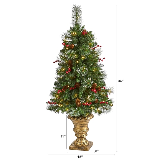 Nearly Natural 4 Foot Pine In Decorative Urn With Pinecone And Berries And 100 Clear Led Lights Pre-Lit Christmas Tree