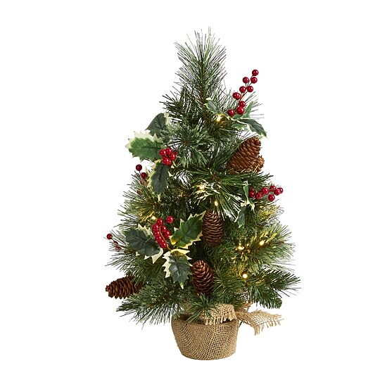 Nearly Natural 18" Mixed Pine With Burlap Base And Holly Berries And Pinecones And 35 Clear Led Lights Pre-Lit Christmas Tree