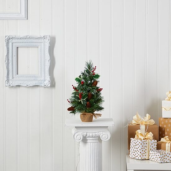 Nearly Natural 18" Mixed Pine With Burlap Base And Holly Berries And Pinecones And 35 Clear Led Lights Pre-Lit Christmas Tree