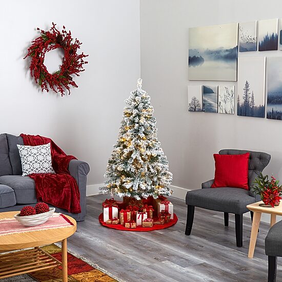 Nearly Natural 5 Foot Flocked Spruce With 150 Clear Led Lights Pre-Lit Christmas Tree