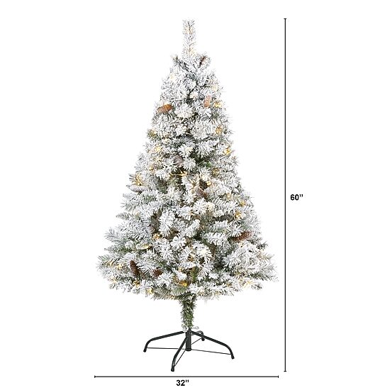 Nearly Natural 5 Foot White River Mountain Flocked Pine With Pinecones And 150 Clear Led Lights Pre-Lit Christmas Tree