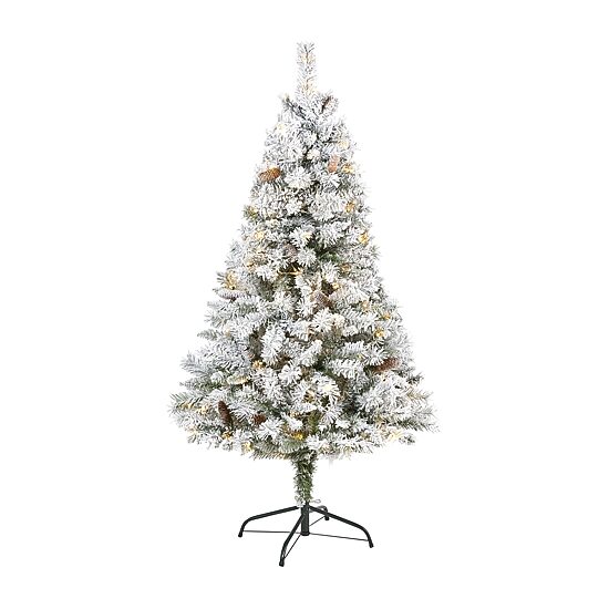 Nearly Natural 5 Foot White River Mountain Flocked Pine With Pinecones And 150 Clear Led Lights Pre-Lit Christmas Tree
