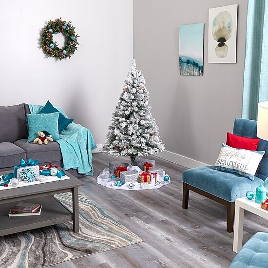 Nearly Natural 5 Foot White River Mountain Flocked Pine With Pinecones And 150 Clear Led Lights Pre-Lit Christmas Tree