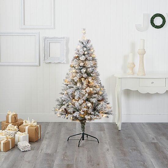 Nearly Natural 5 Foot White River Mountain Flocked Pine With Pinecones And 150 Clear Led Lights Pre-Lit Christmas Tree