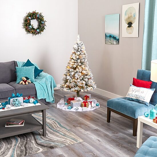 Nearly Natural 5 Foot White River Mountain Flocked Pine With Pinecones And 150 Clear Led Lights Pre-Lit Christmas Tree