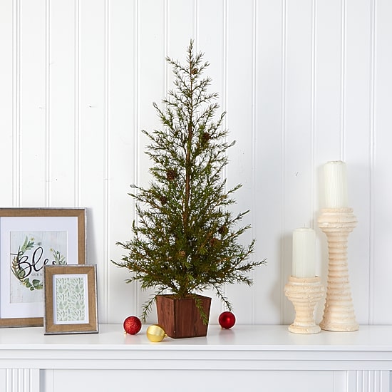 Nearly Natural Natural Look Christmas In Wood Planter With Pine Cones 3 Foot Pine Christmas Tree